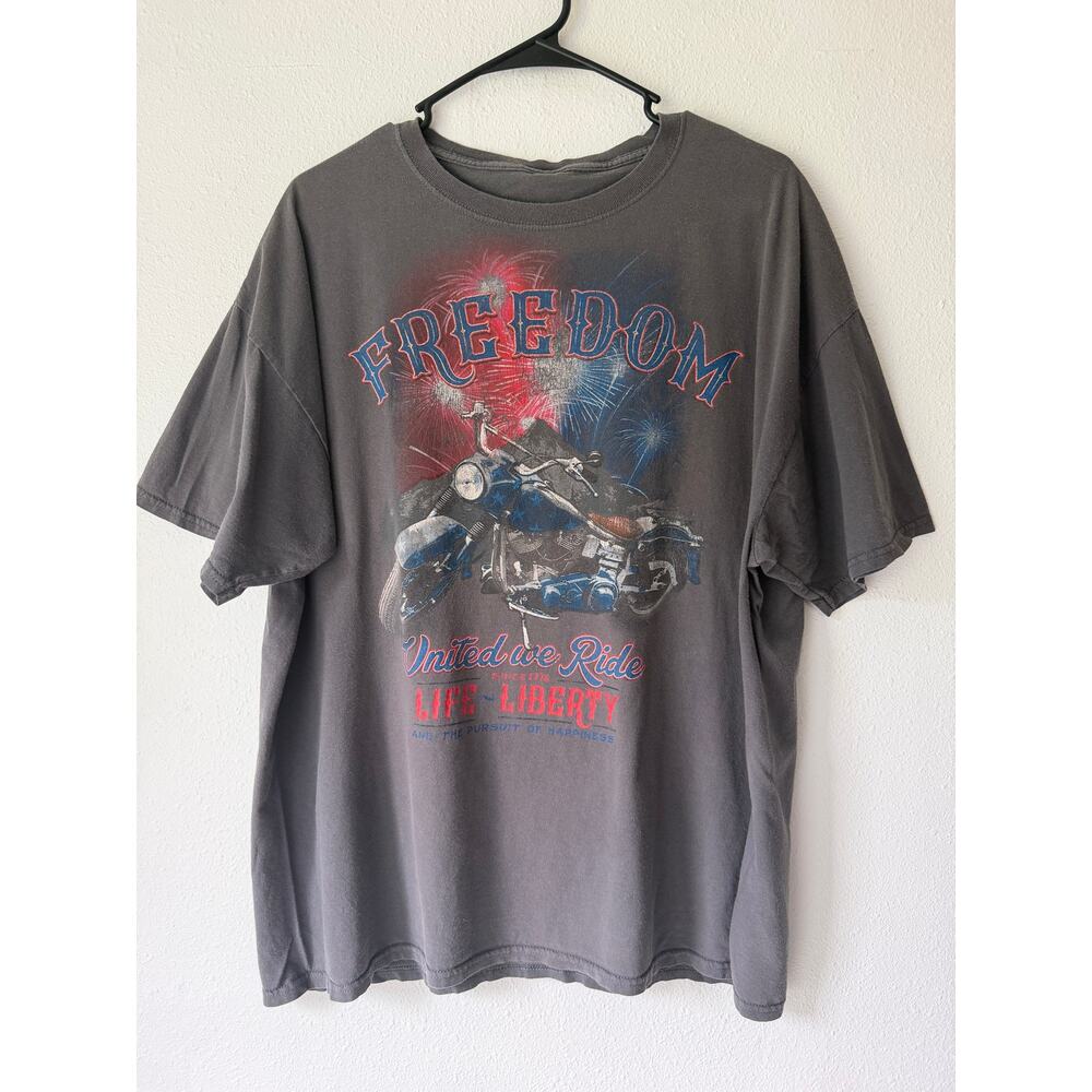 Patriotic Freedom United We Ride Graphic Men Biker Motorcycle T-Shirt XL Gray